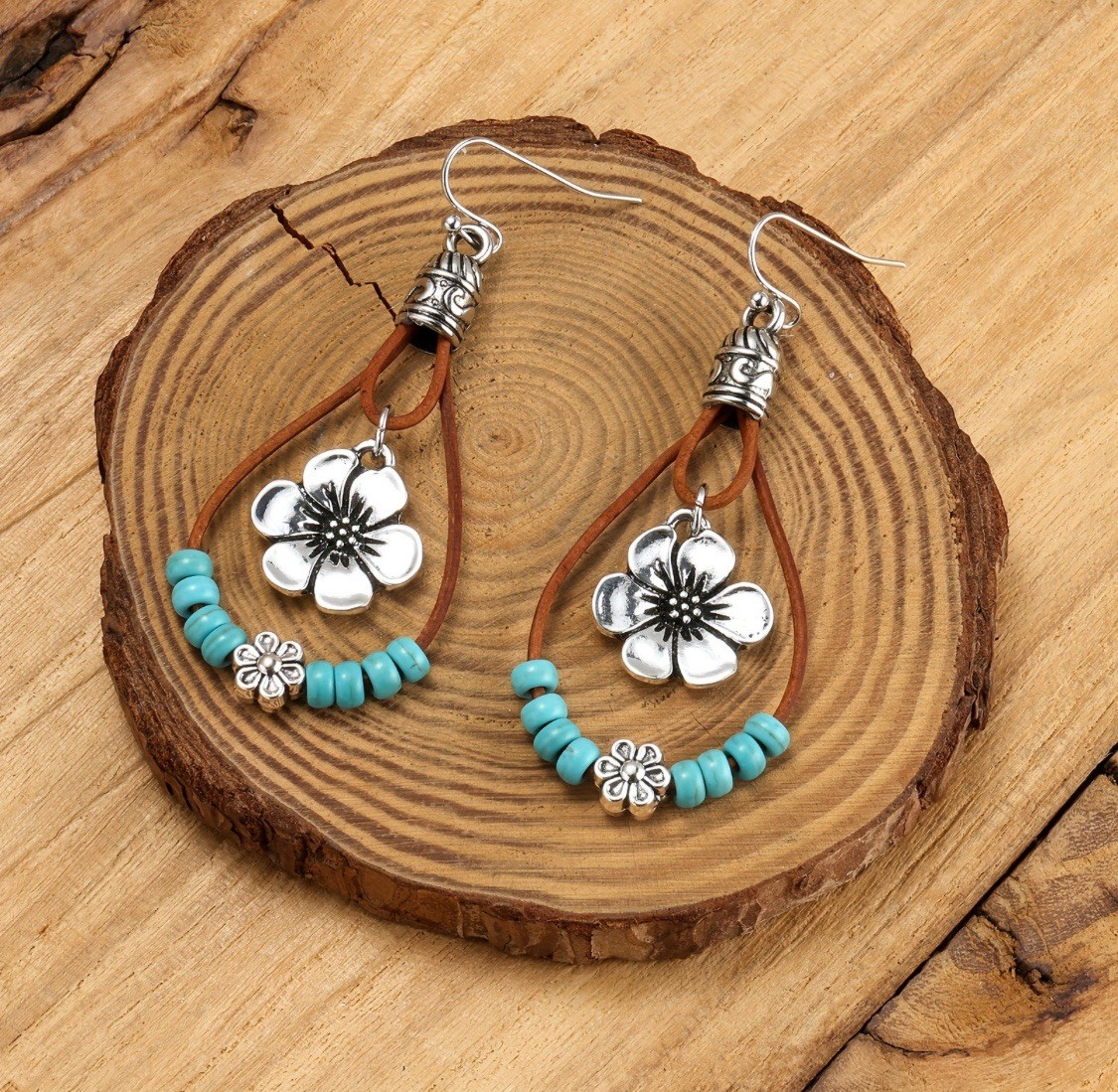 Boho Style Plum Blossom Pendant Earrings Double Layered With Turquoise Beads