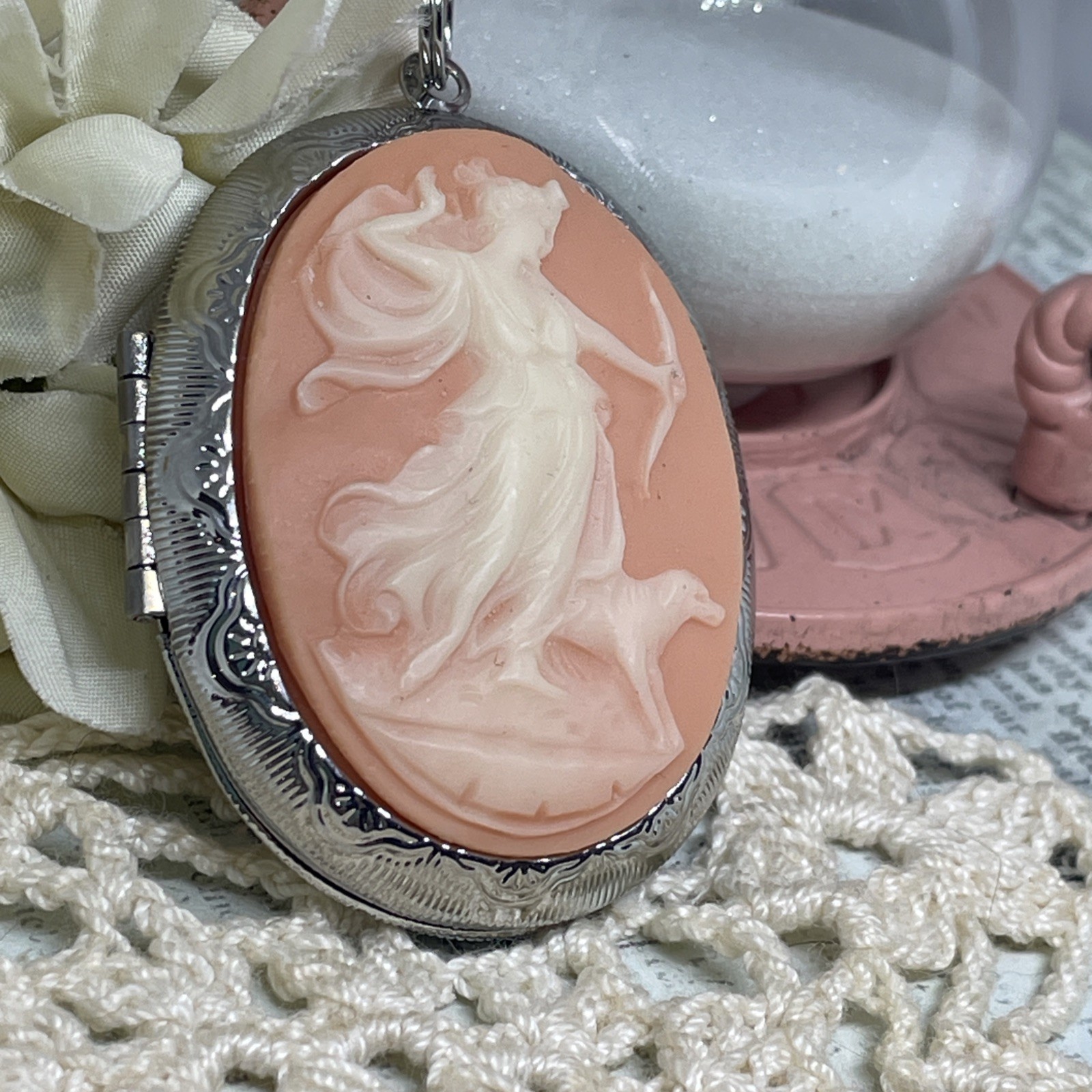 Peach Silver Anniversary gift birthday Aphrodite Roman ARTEMIS Locket Necklace
