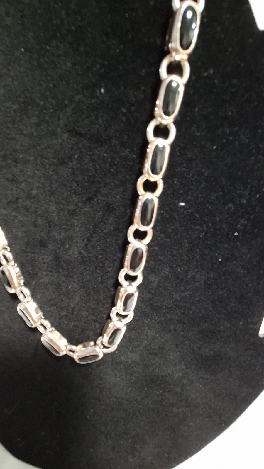 Silver Tone Oval Link Chain Necklace Black Accents Adjustable Lobster Clasp