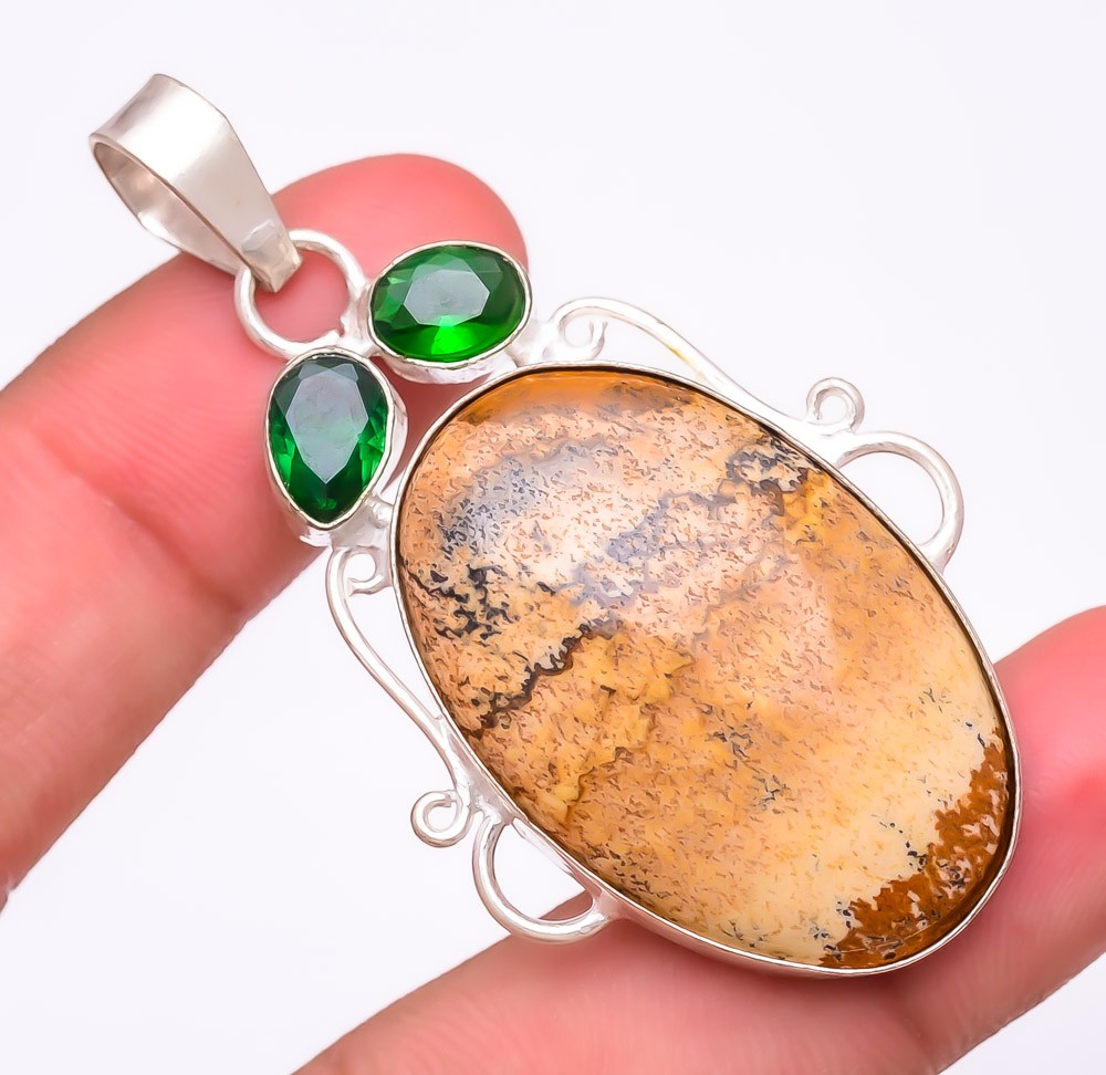 Natural Picture Jasper & Tsavorite 925 Silver Plated Jewelry Pendant 2.4″ W311