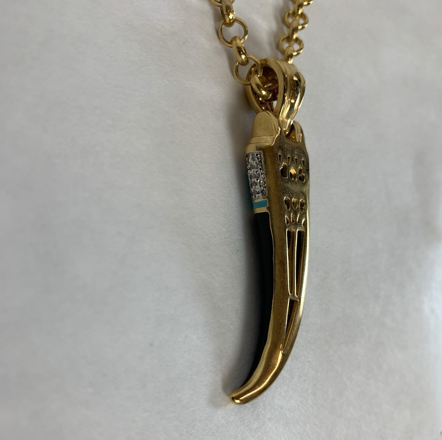 RJM Gold Tone Necklace Black Horn Pendant Blue Accents Unisex Adult