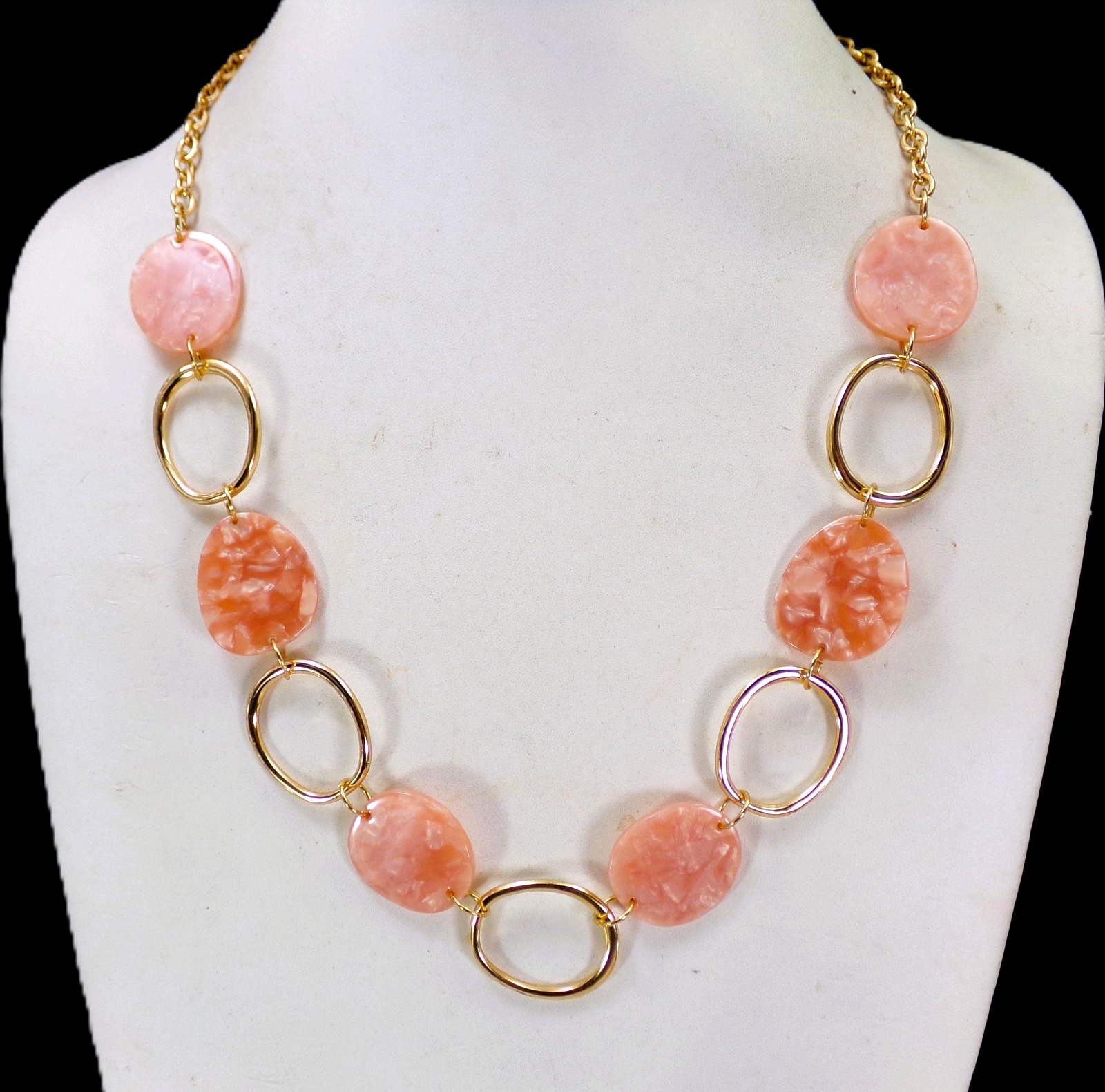 Pink and gold link necklace with pink flat marble look oval disk beads NEW