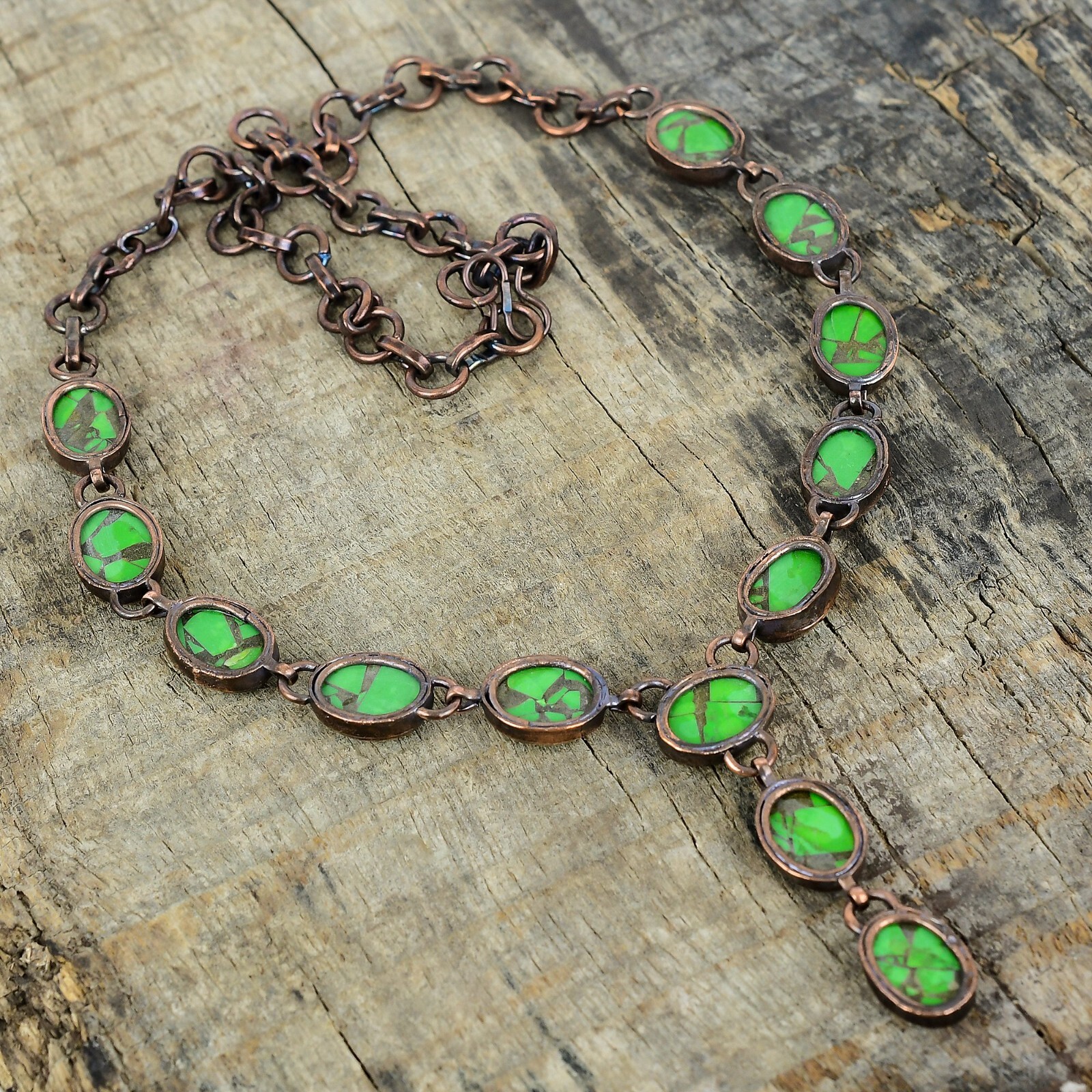Valentines Deal Copper Green Turquoise Stone Chain Electroformed Necklace Copper