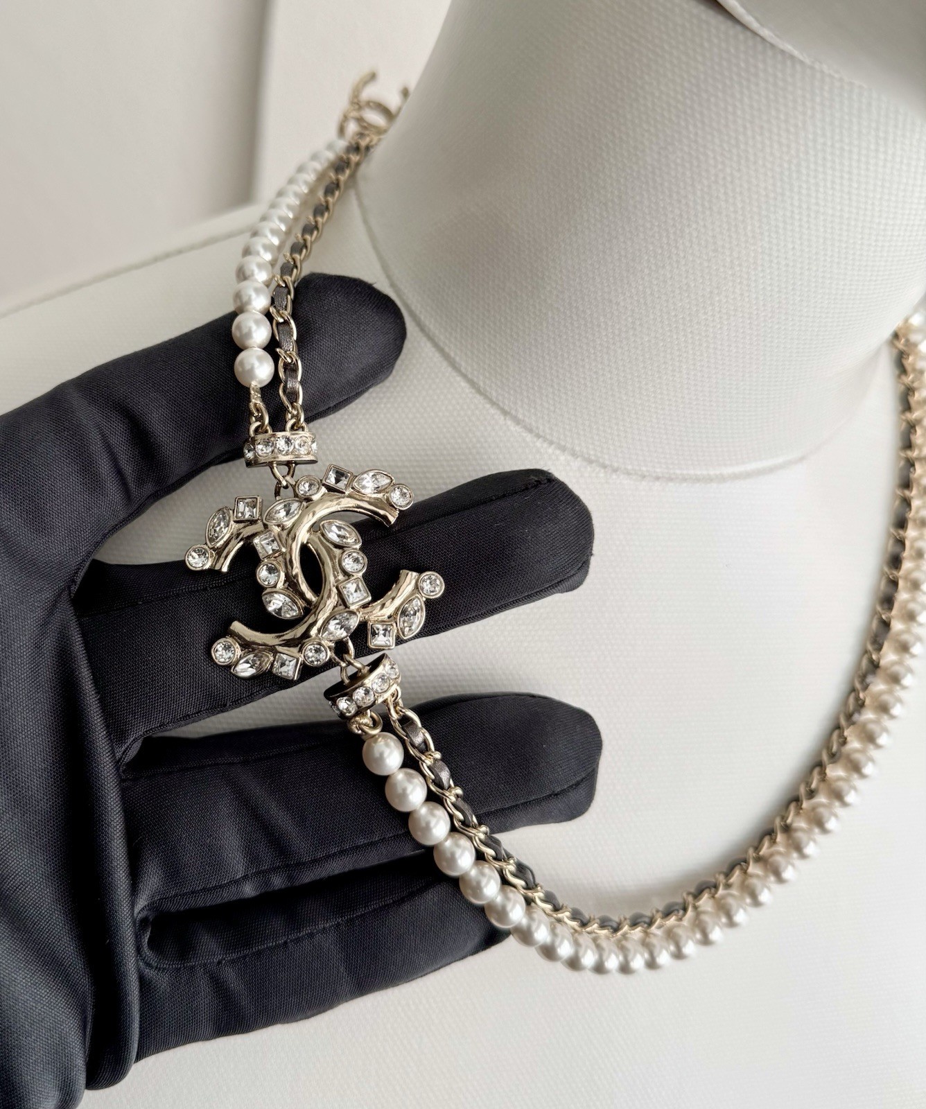Chanel Pearl Crystal CC Necklace Bronze Leather 23P Adjustable Light Gold Chain