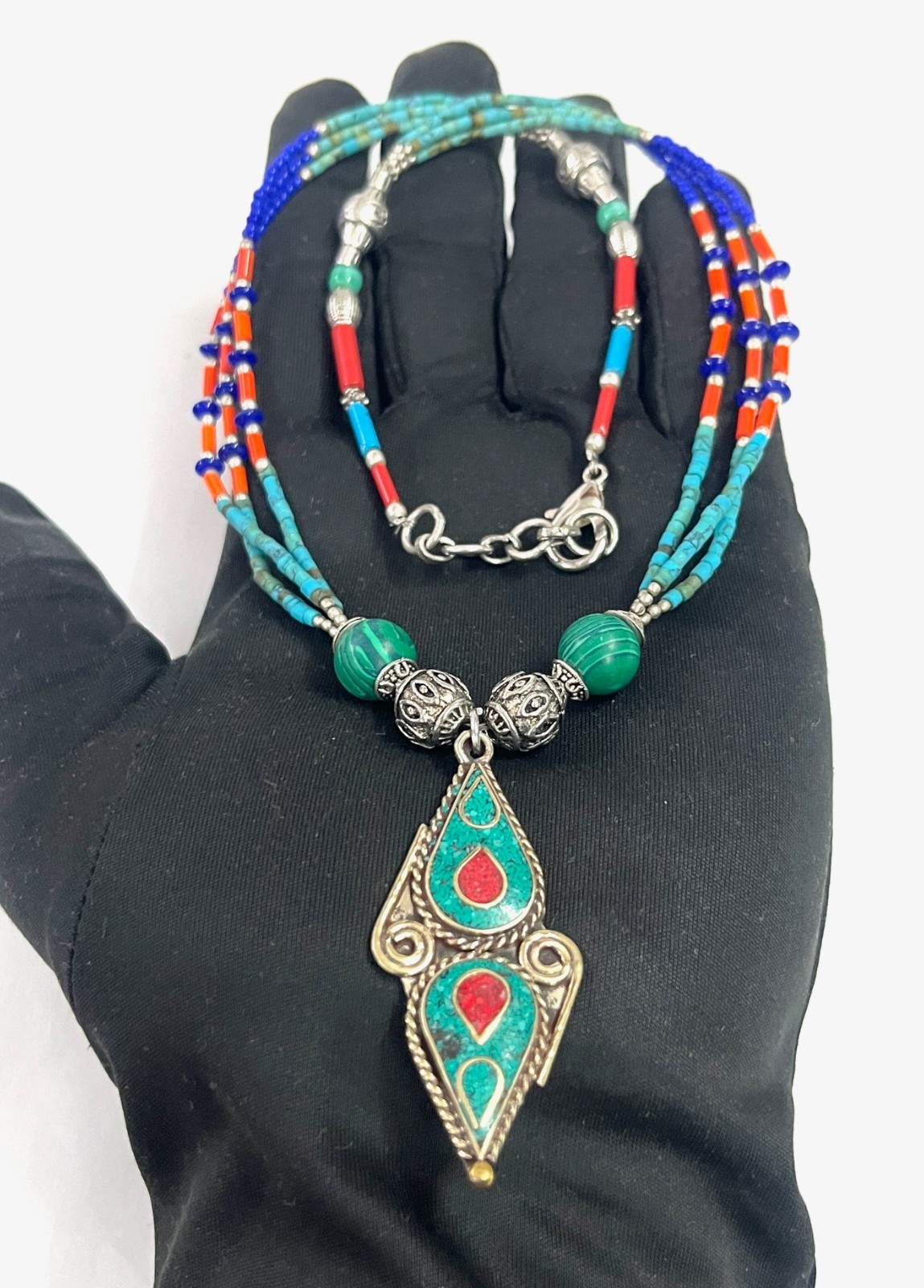 Turquoise Lapis Coral Gemstone Tibetan Statement Necklace Jewelry, 18 Inc Adjs