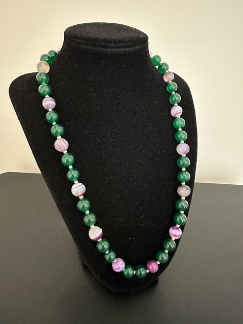 Natural Green and Purple Striped Agate 10 mm Gemstone Round Beads 22 ” Necklace.