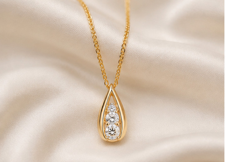 1.00Ct Round Cut Moissanite VVS1 3-Stone Pendant Necklace 14K Yellow Gold Plated