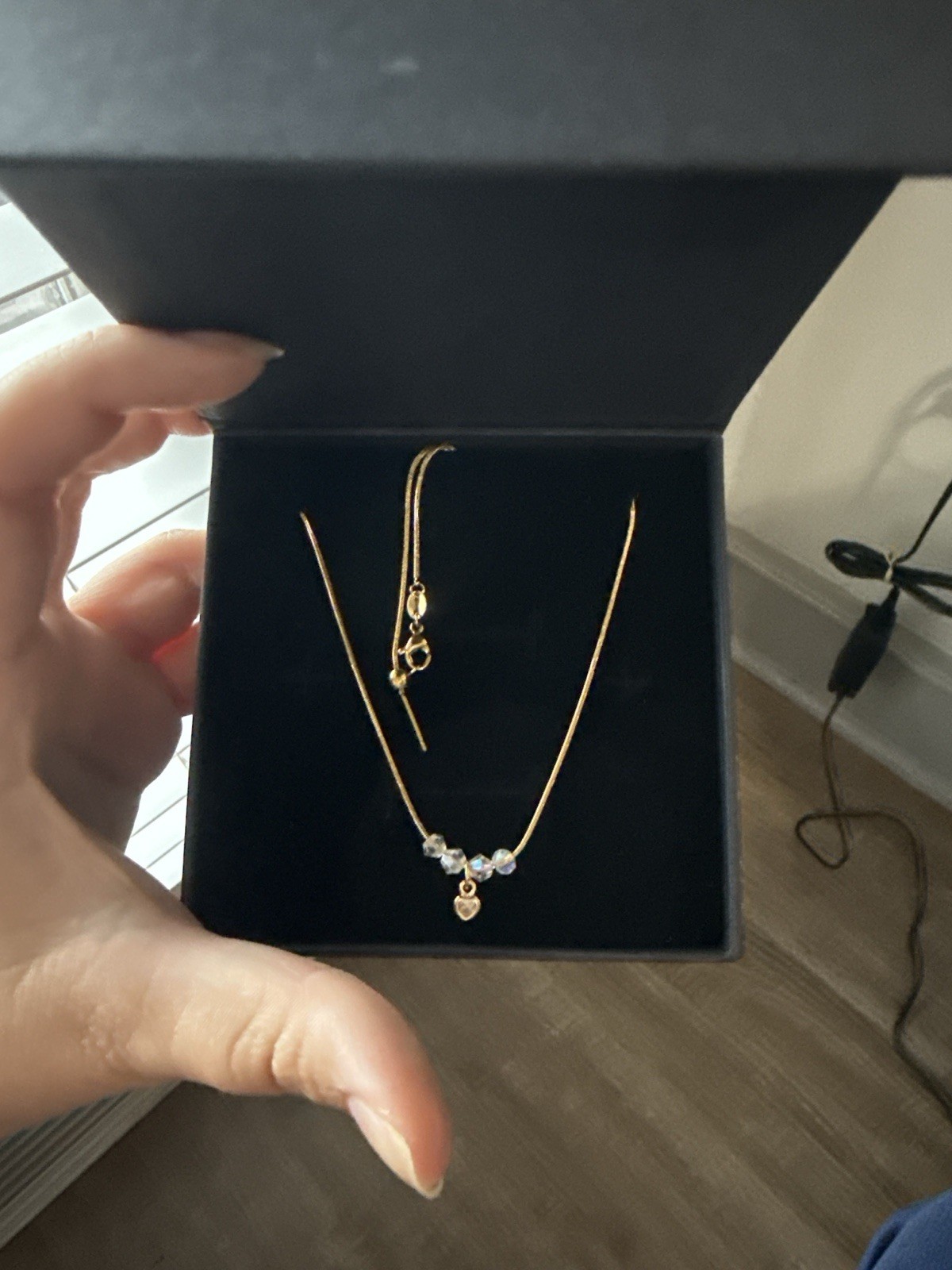 Gold Tone Snake Chain Necklace w/ Clear Round Crystal Round Charm Pendant