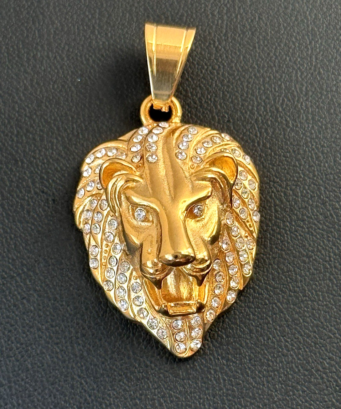 Bold Iced Lion Head Pendant Figaro Chain 24” Gold Tone Men’s Statement Necklace