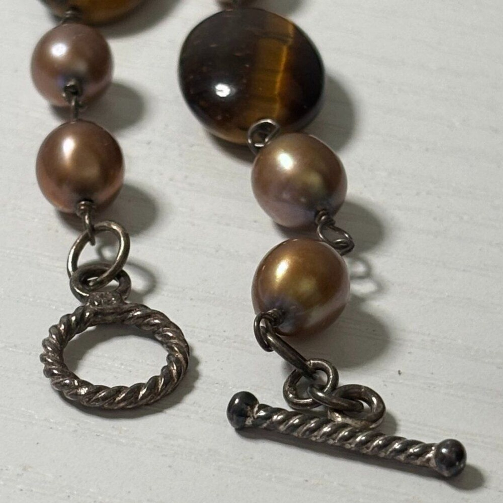 Natural Tigers Eye Bronze Pearl Statement Pendant Necklace Toggle Clasp