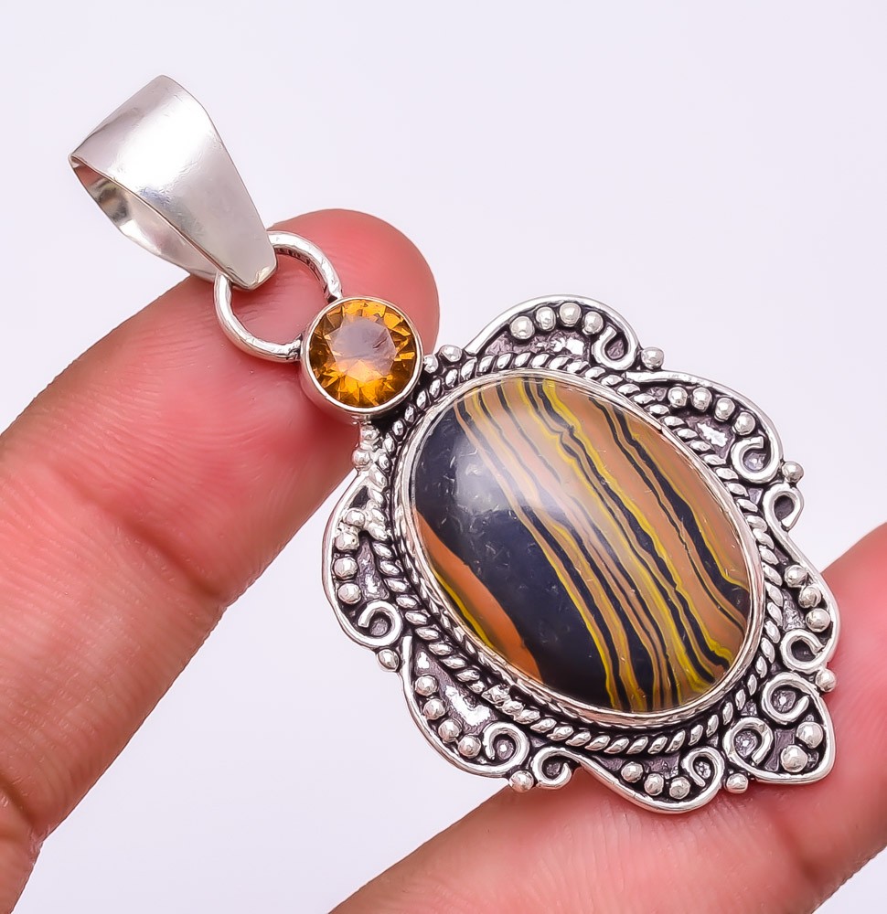Tiger Rainbow Calsilica & Smokey Quartz Gemstone 925 Silver Plated Pendant 2.4″