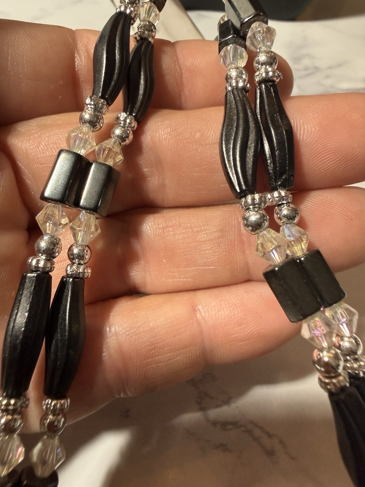 Magnetic Hematite Beaded Necklace Bracelet Black Crystal 31” No Clasp Lot#1767