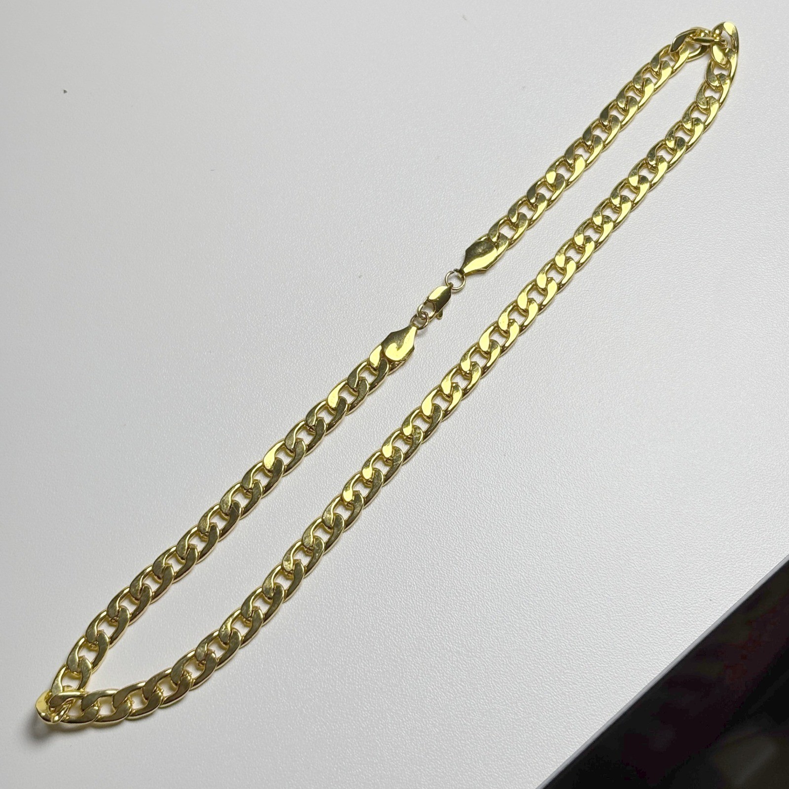 Gold Tone Curb Link Chain Necklace 18 Inch Polished Flat Link Unisex Jewelry
