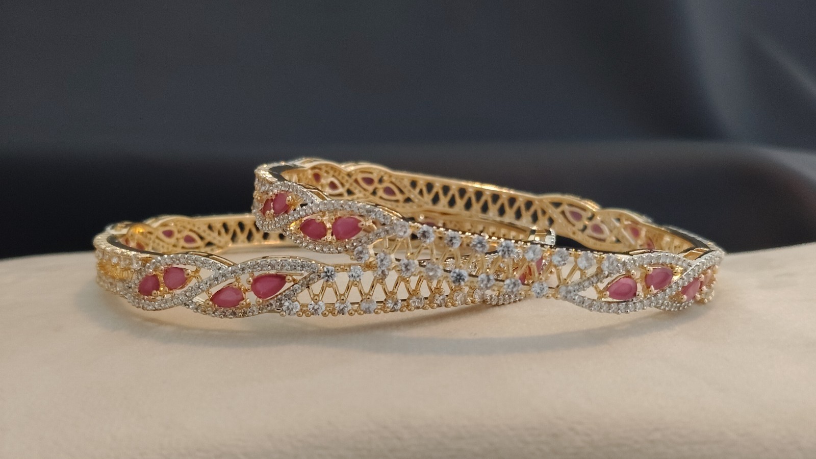 Khushi Twisted Ruby Vine Diamond Style Designer Bangles Roz Jewellers.