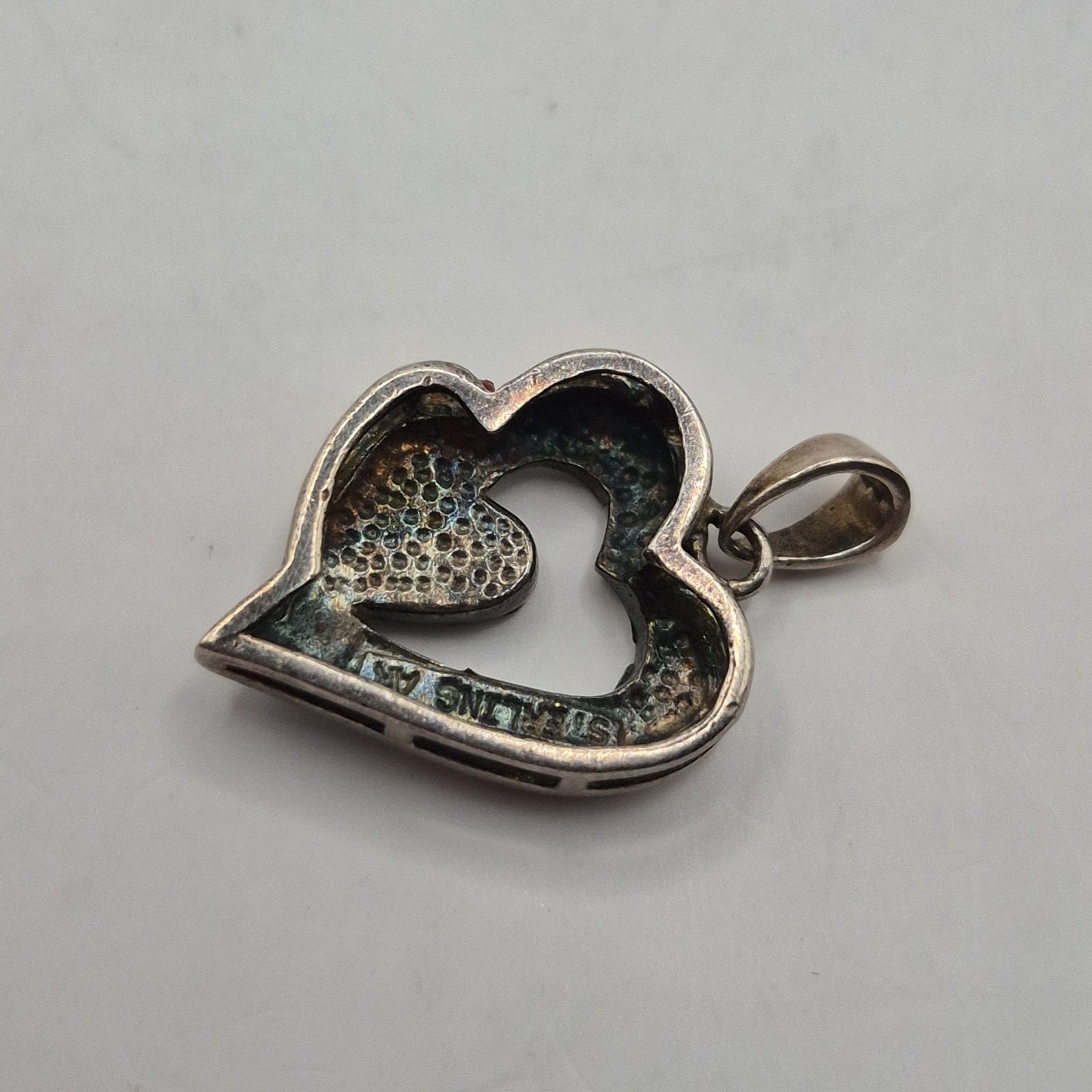 Modern Sterling Silver 925 AK Double Interlocking Heart Lab Created Opal Pendant
