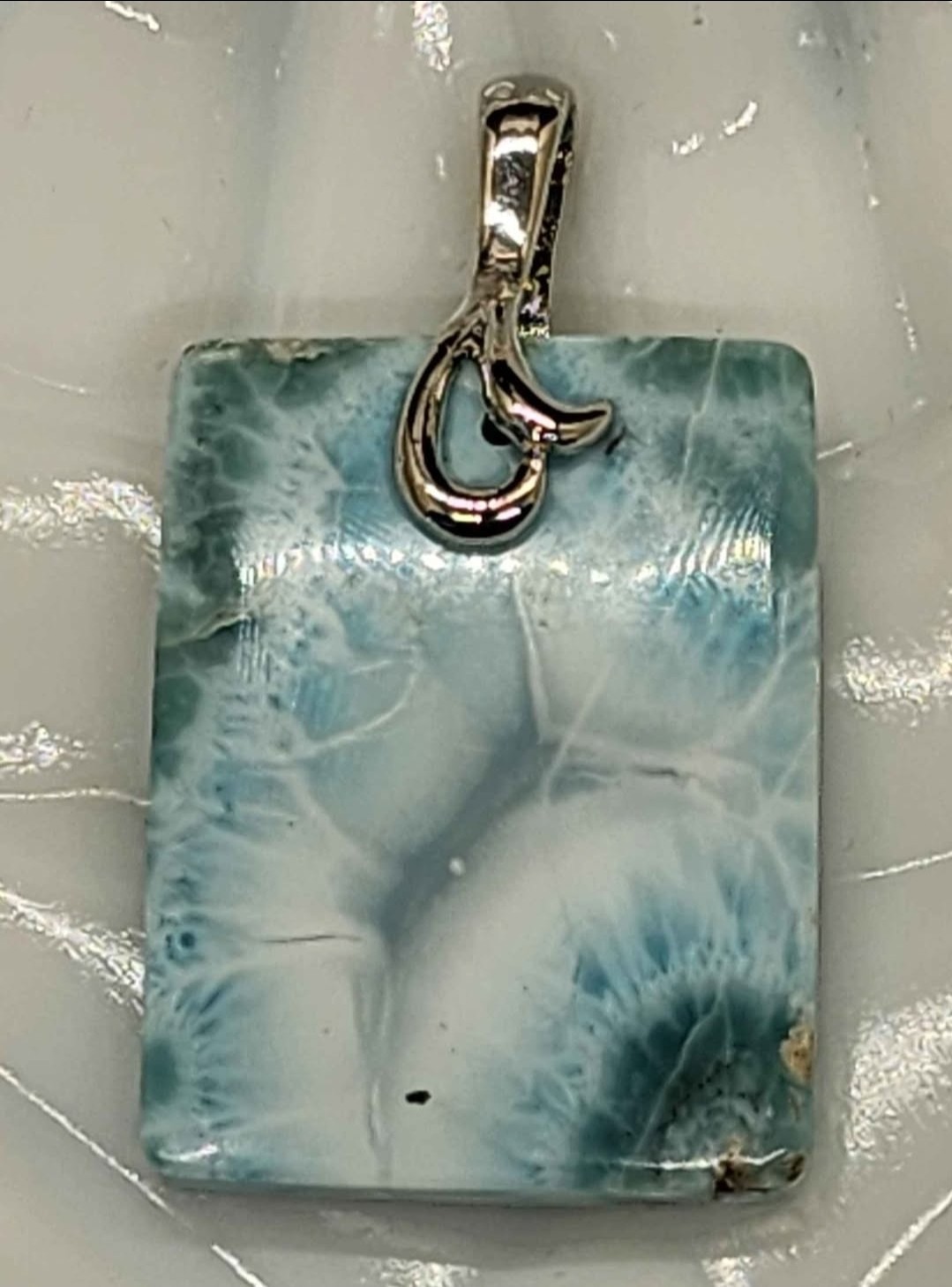 Silver Larimar/Pectolite Rectangle Stone Charm Pendant w/ Silver-Tone Bail