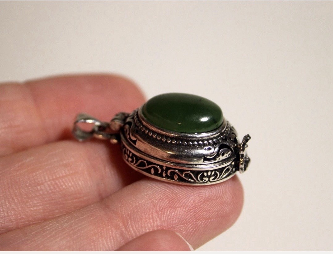 Green Jade Locket Pendant, Sterling Silver Plated Poison Pendant