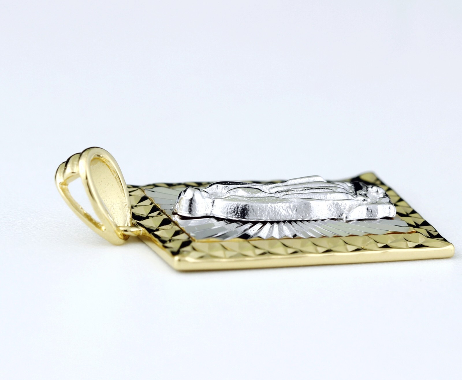 Women 925 Sterling Silver 19mm Gold Miraculous Virgin Mary Rectangle Bar Pendant
