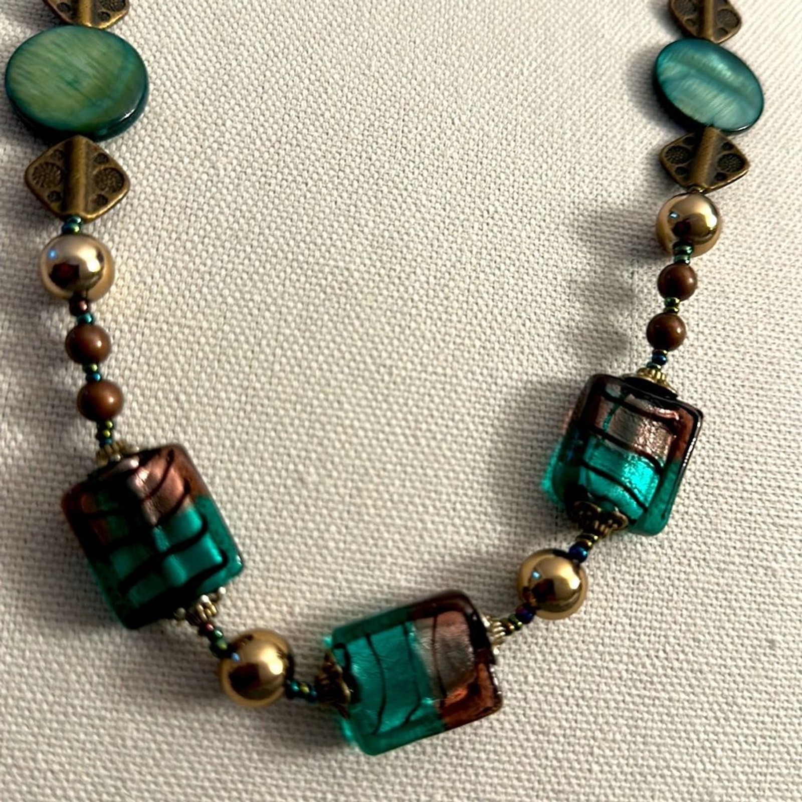 Women Beautiful bronze, glass blue green purple square beads 14 inch