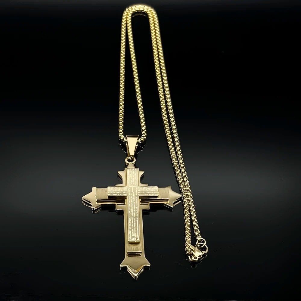 Big Bible Jesus Cross Pendant Necklace for Women Men Stainless Steel Gold Color