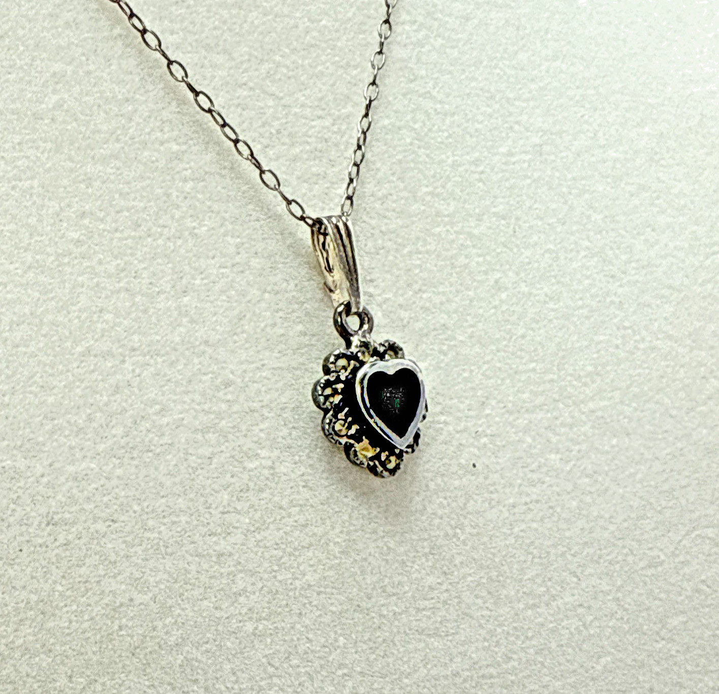 Vintage Roman & Sunstone 925 Sterling Silver Onyx and Crystal Heart Necklace