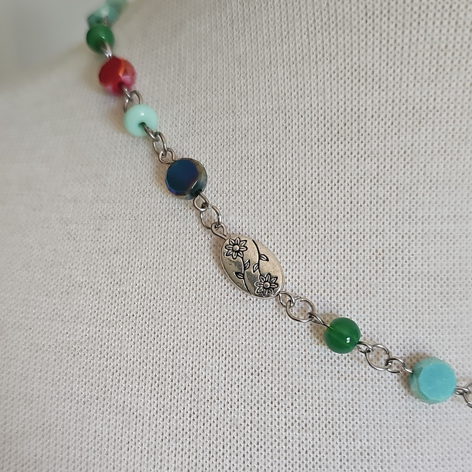 Handmade Multicolor Round Glass Beaded Cable Chain Necklace w/ Lobster Clasp 18″