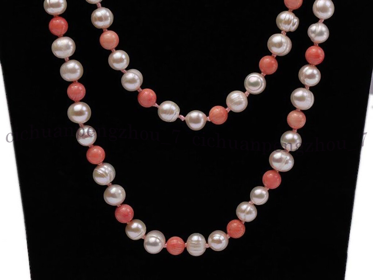 Natural 7-8mm White Freshwater Pearl 8mm Pink Coral Round Beads Necklace 36-100″
