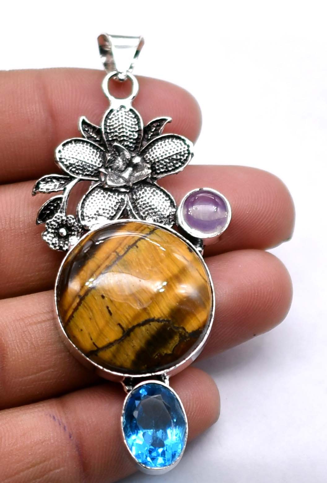 Tiger Eye & Other Natural Gemstone Pendant Jewelry 3.25″ Z 74