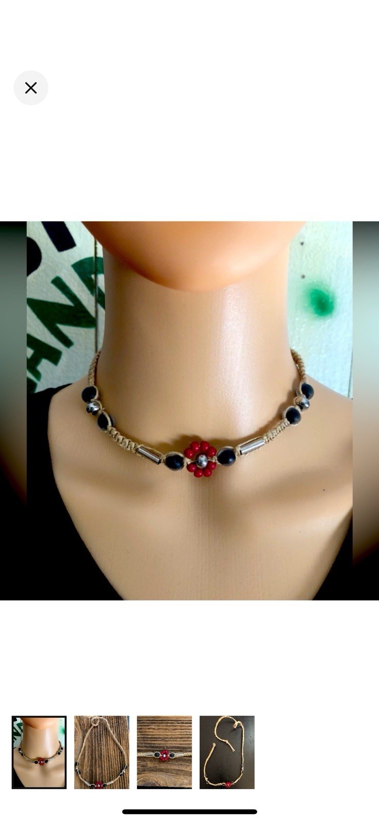 Flower Pendant Beige Cord Beaded Choker Necklace Boho Adjustable Red Silver