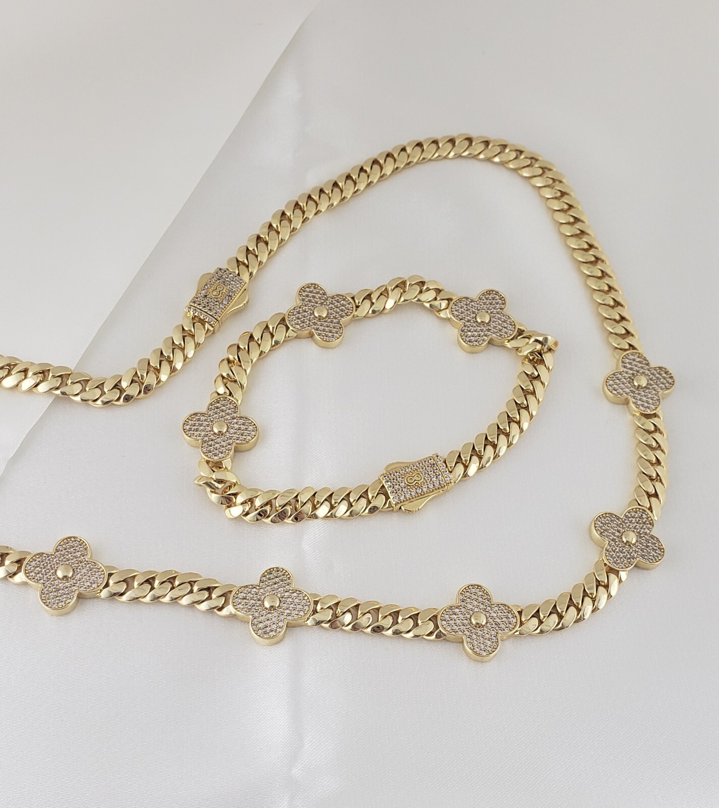 14K Gold Plated Cz Clover Flower Cuban Choker Chain Necklace And Bracelet Set