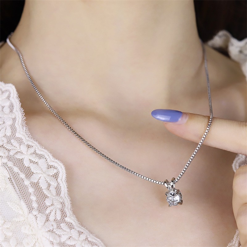 Women’s 4‑Prong Single CZ Pendant Necklace Silver Plated Square Box Chain Choker