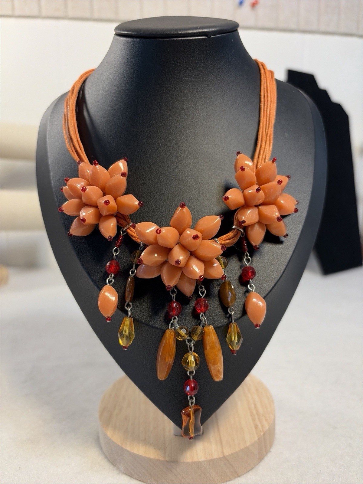 Orange Resin Floral Cluster Statement Necklace with Banana-Amber Dangles