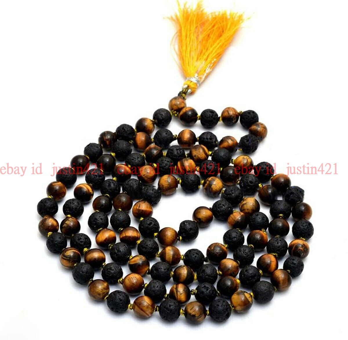 Natural Lava Rock Tiger’s Eye Gems Tibet Buddhist 108 Prayer Beads Mala Necklace