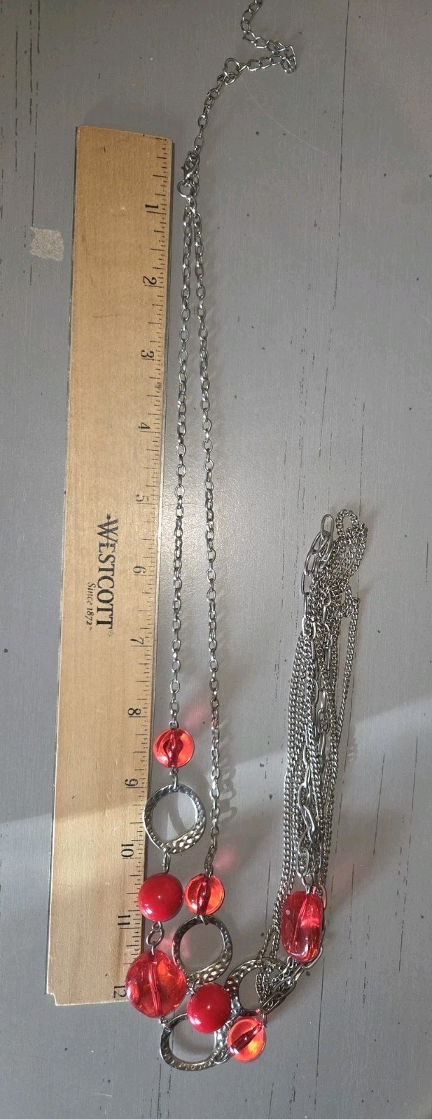 2 Red Bead Necklaces Silvertone Chain 18 Inch And 32 Inch