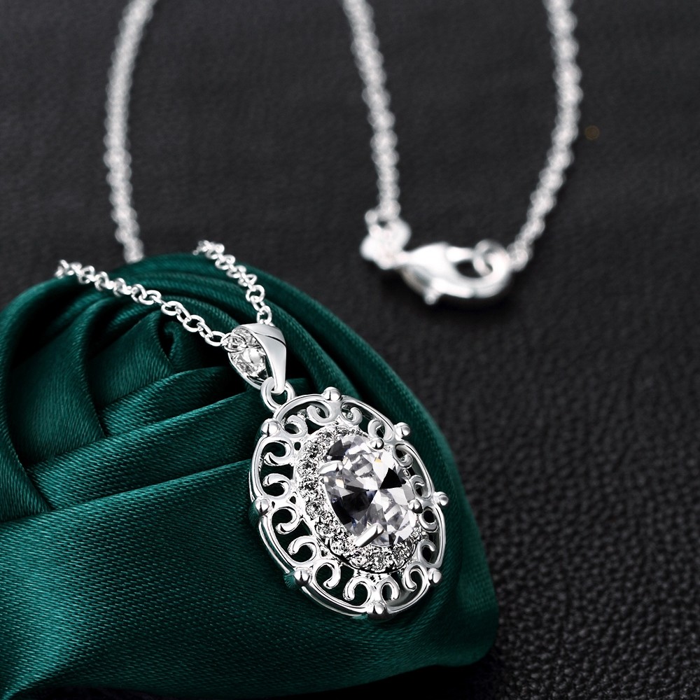 Antique 925 Sterling Silver Filled SF Oval CZ Pendant Necklace N-A655 Gift
