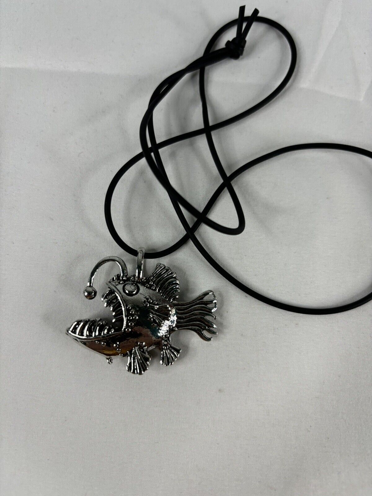 Angler Fish Tiki Necklace Silver Tone Metal Black Cord Surfer Beach Cute