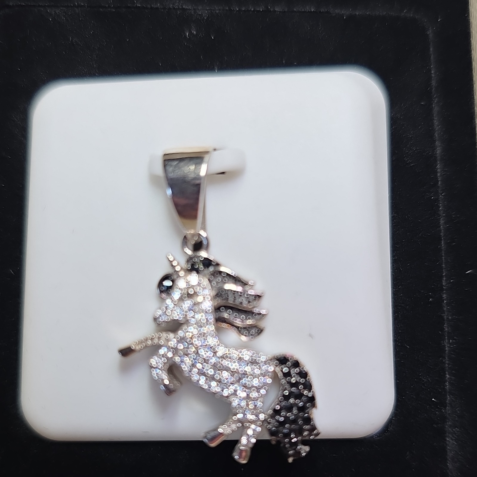 925 Sterling Silver Unicorn Pendant Clear/Black Simulated Spinel Pavé Stones