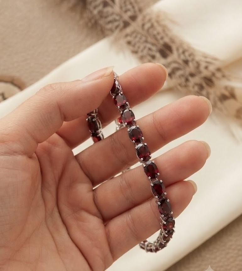 Red Garnet Oval Stone Tennis Necklace For Women In 925 Sterling Silver Jewelry