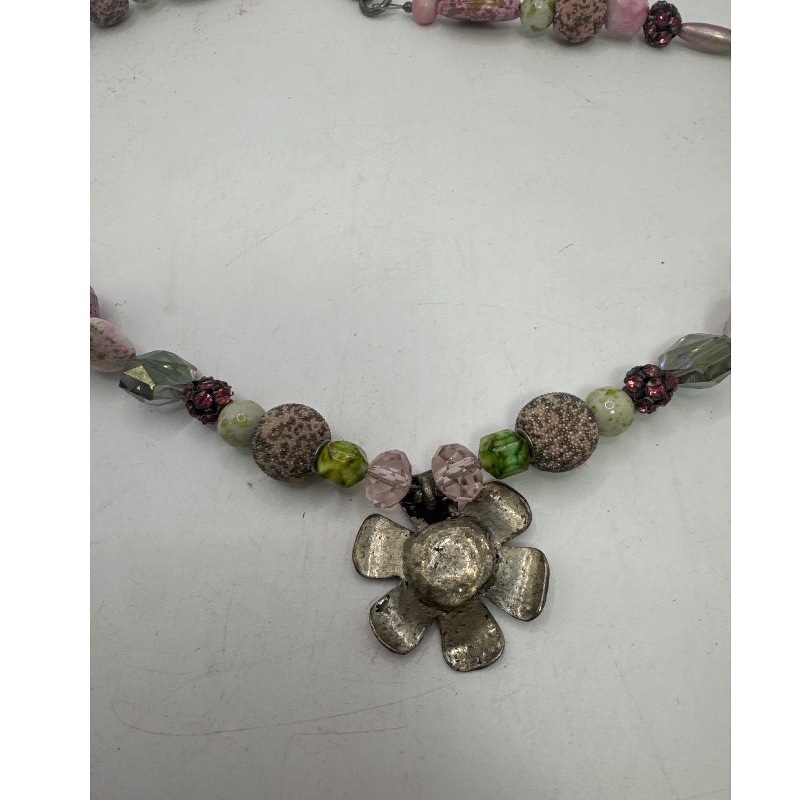Boho Mixed Bead Flower Pendant Necklace Pink Green Glass Ceramic 23 Inch
