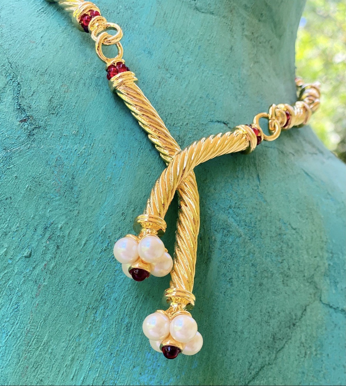 Designer House of Ivana Trump Faux Pearl and Ruby Gripoix Style Necklace