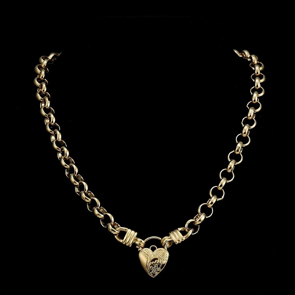 18K GL Thick Solid Rolo Yellow Gold Chain Necklace Half Filigree Heart Padlock