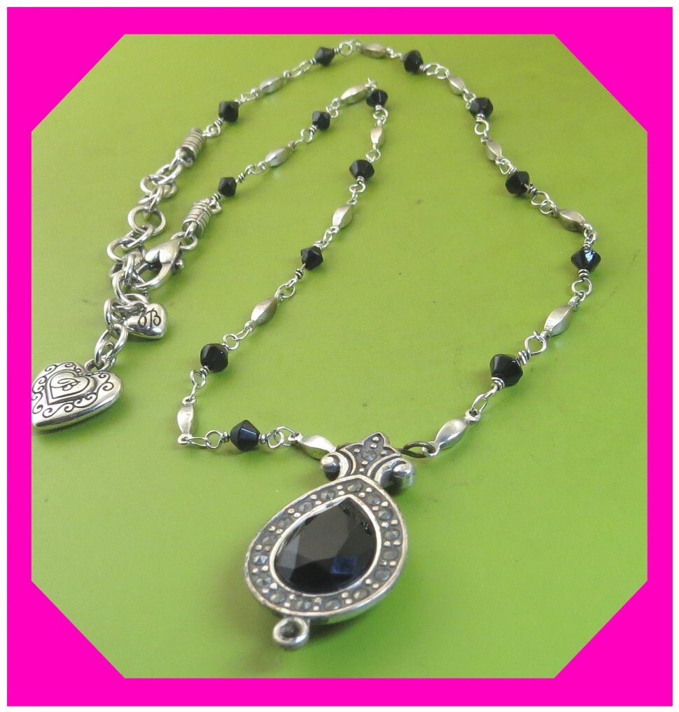 BRIGHTON AMERICAN BEAUTY Black Crystal Silver Pendant NECKLACE Preloved $62 70%