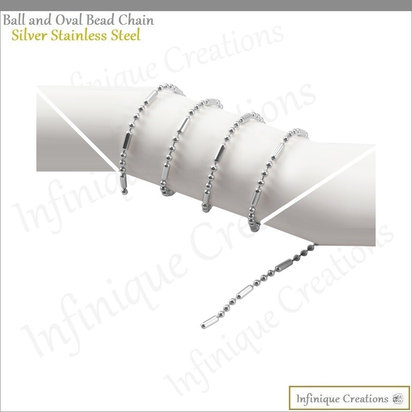 Stainless Steel Silver Ball And Oval Bead Chain Bracelet Necklace 1mm-3mm 7-38″