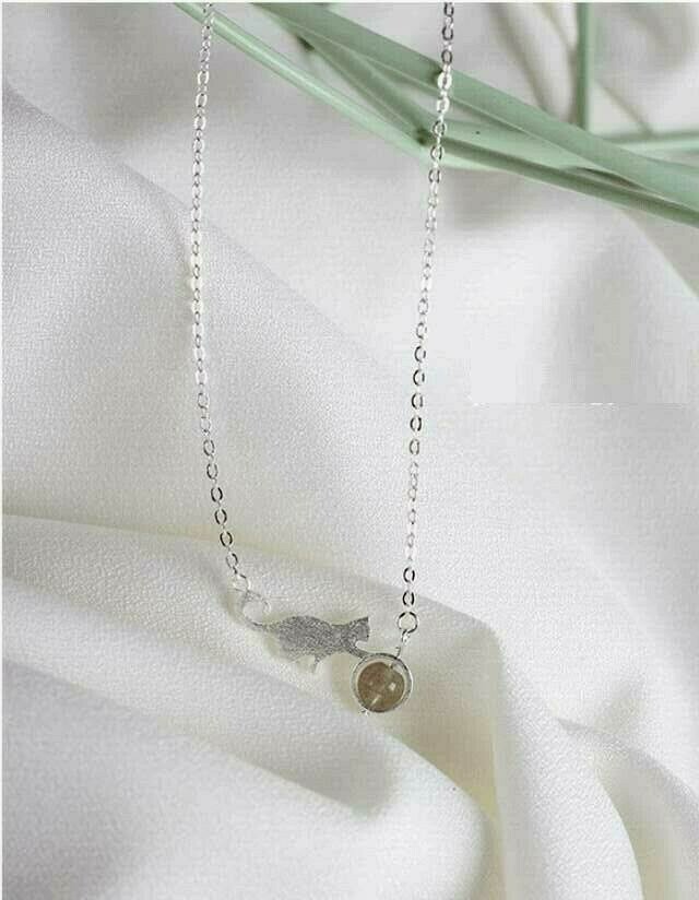 Tiny Crystal Ball & Cat Silver SP Pendant Chain Kitten Necklace