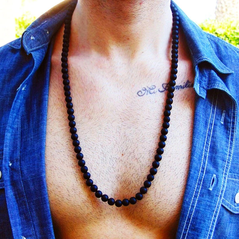 Fashion Matte Onyx Bead Necklace Men’s Classic Handmade Natural Strand Necklace