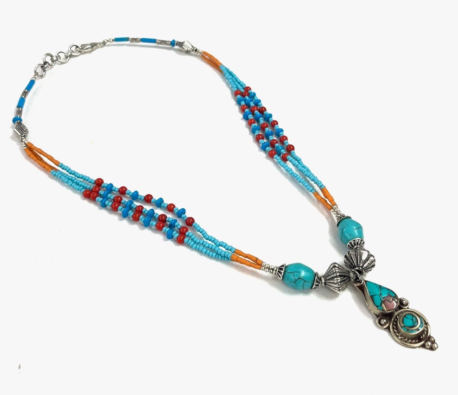 Handcrafted Turquoise Coral Gemstone Tibetan Necklace Jewelry, 17 inch Adjus