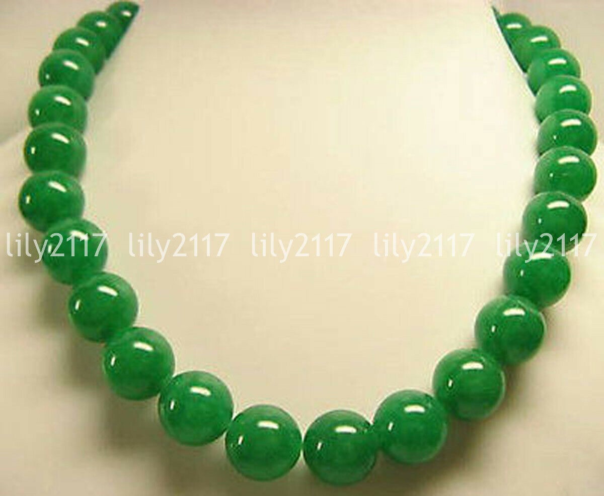 24 Inch Beautiful Natural Green Jade 12mm Gemstone Round Beads Necklace AA
