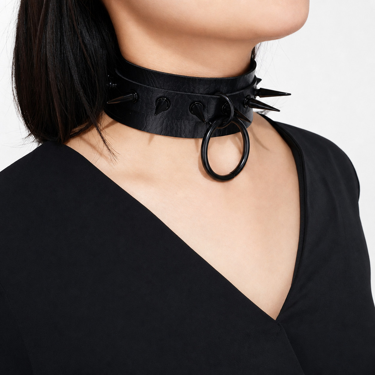Punk Rocker PU Leather Spike Studded Choker Necklace for Women Adjustable Collar