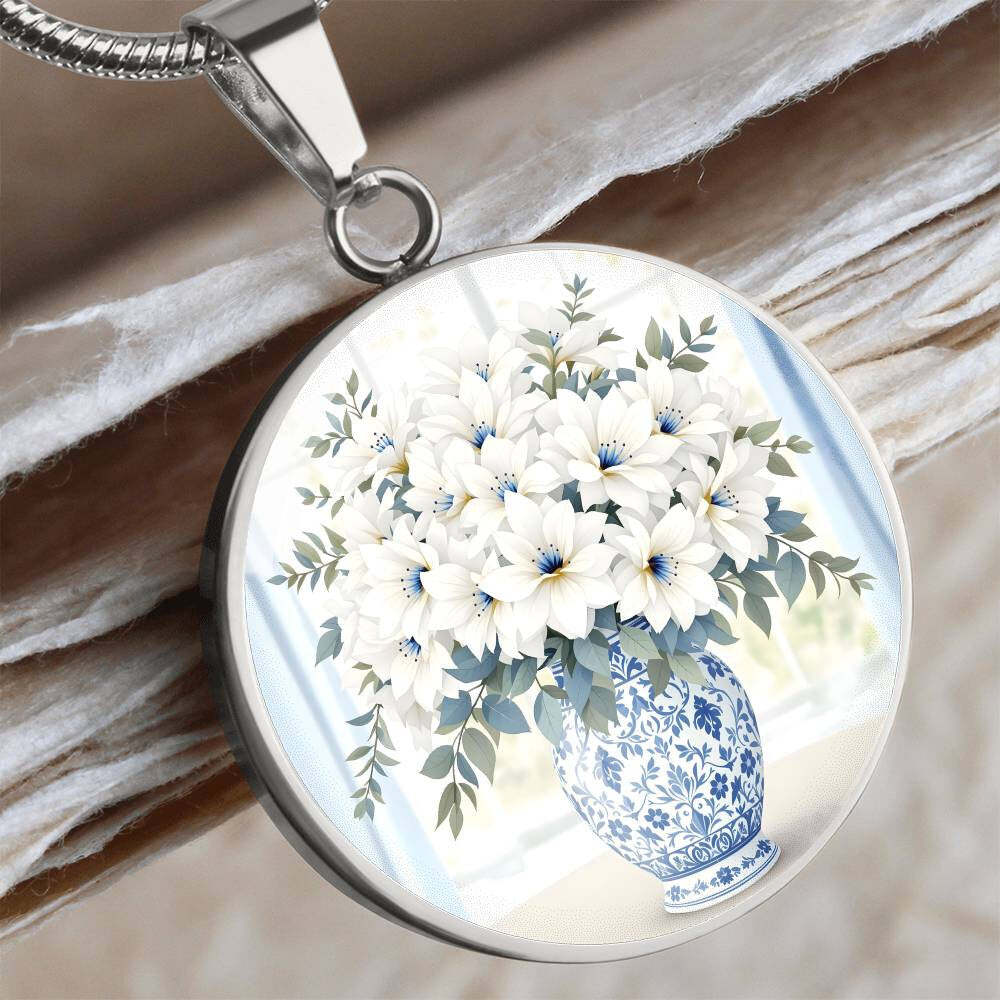 Engraved Floral Pendant Necklace Delft Blue Vase