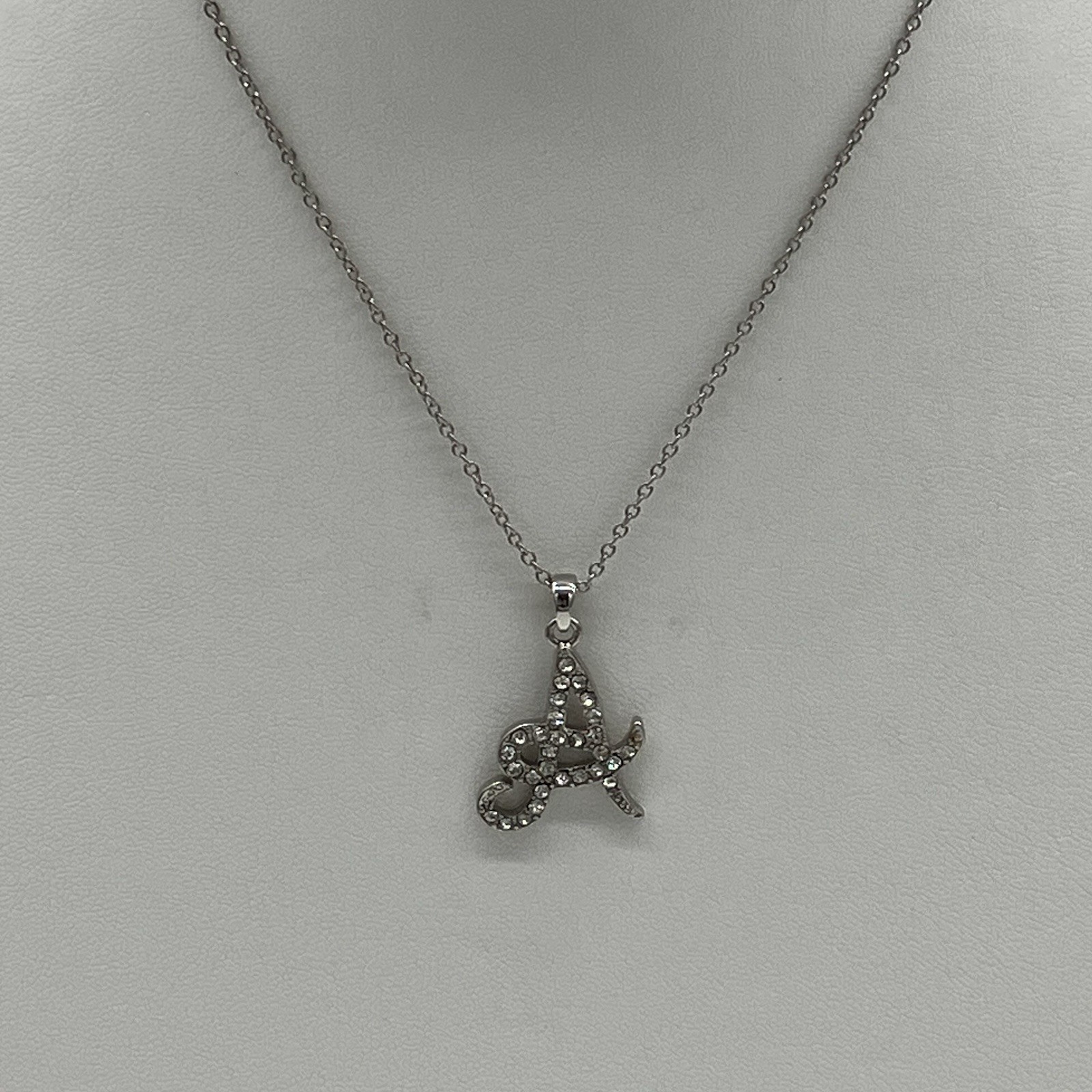 Silver Tone Initial A Necklace 16 in Clear Crystal Rhinestone Dainty Pendant